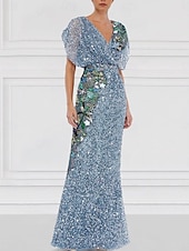billige GRØNN-Grønn Kolonne Kveldsdrakt Brodert Elegant Kjole Formell Bryllup Gulvlengde Kortermet Juvel Hals Pailletter med Glitrende
