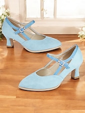 abordables Zapatos Mary Jane-Zapatos Mary Jane vintage azules con tiras en T para mujer: zapatos de tacón medio de gamuza con cierre de hebilla para uso retro, formal y diario