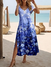 cheap Floral Dress-Women&#039;s Maxi Dress Casual Dress Sundress A Line Dress Stylish Casual Vacation Daily Regular Fit Floral Short Sleeve V Neck Navy Blue Spring Fall