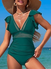 billiga One-piece-baddräkter-Dammsimdräkter En Del Monokini Simdräkt Volang Rygglös Magen Kontroll Hög midja Slim Semester Strandkläder Enfärgad V-ringad Ärmlös Baddräkt