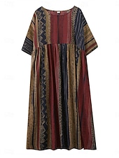 abordables robes imprimées en coton et lin-Femmes Robe maxi Robes en coton et lin Robe Décontractée Basique Occasionnel Vacances Quotidien Coupe régulière Graphique Manche Courte Col ras du cou Marron foncé Rouge Bordeaux Été