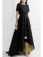 preiswerte Mamas Kleidersets-Zweiteiliges Sheath Mutter der Braut Kleid Hochzeitsgast Kirche Elegant Einfach Hoch Low Juwel-Hals Asymmetrisch Taffeta Kurzarm mit Falten Einfarbig 2025 kostenlose Maßanfertigung