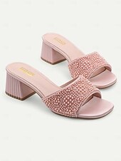 cheap Vacation Sandals-Women&#039;s Light Blue Pearl-Embellished Block Heel Mules – Elegant Open-Toe Slip-On Sandals for Summer Parties &amp; Evening Wear