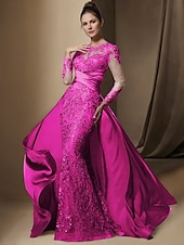 economico BLU-Abito da festa sirena Madre della Sposa Abito Ospite di matrimonio Elegante Collo gioiello Treno a strascico  spazzola Stretch raso Manica lunga con pizzo paillettes arricciato per impressionare 2025