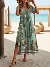 levne Boho šaty-Dámské maxi šaty T tričko šaty Tee šaty Sundress Shift šaty Letní šaty Bohemia Dovolená Party Dovolená Pravidelný střih Vintage Bohemian Krátký rukáv Kruhový výstřih Šedozelené Léto Jaro