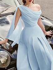 abordables Robes de cocktail-Robe de plage A-Line Robes cocktail Élégante Robe Invité de mariage Longueur thé Sans manches Col chauve-souris Tissu extensible avec volants Robes