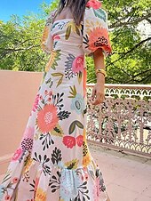 tanie Sukienki boho-Damskie Długa sukienka sukienka maxi Codzienne sukienki Letnie sukienki Sukienka Boho Moda Latarnia rękawem Na zewnątrz Święto Randka Regularny Geometryczny Krótki rękaw Z odsłoniętymi ramionami