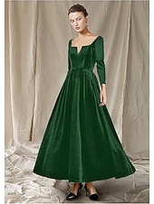 abordables Longueur de cheville-Ligne A Longueur cheville Robe de Soirée Robe de Cocktail Robe d'invité de mariage Robe de Mère de Mariée  manche longue Col en V Élégant robe demoiselle d honneur Fête de mariage Velours avec Plis