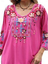billige Boho topper-Dame Boho skjorte Helfarge Blomstret Bohem Daglig Luksuriøs 3/4 ermer 3/4-ermer Crew-hals Vanlige topper Arbeid Daglig Ut på byen Broderi Svart Gul Rose Rosa Sommer