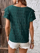 cheap Work Tops-Women&#039;s Blouse Solid Color Elegant Daily Stylish Short Sleeve Crew Neck Regular Tops Daily Holiday Going out Ruffle Patchwork Sage Green Red Navy Blue Purple Green Summer Spring