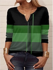 abordables T-shirt rayé et géométrique-Femme T shirt Géométrique Rayé Décontractées manche longue Col cranté Hauts réguliers du quotidien Imprimer Noir Bleu Violet Vert Eté Printemps Automne