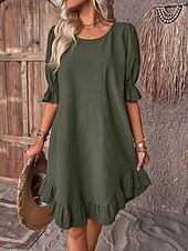 economico Vestiti-Per donna Mini Abito Abiti ispirati al lino Vestito Casual Abito in cotone e lino Elegante Casual Vacanza Quotidiano Data Vestibilità regolare Semplice Mezza Manica Girocollo Nero Cachi Verde militare