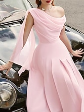 abordables Robes de cocktail-Robe de plage A-Line Robes cocktail Élégante Robe Invité de mariage Longueur thé Sans manches Col chauve-souris Tissu extensible avec volants Robes