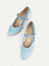 abordables Zapatos Mary Jane-Zapatos Mary Jane vintage azules con tiras en T para mujer: zapatos de tacón medio de gamuza con cierre de hebilla para uso retro, formal y diario