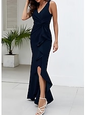 abordables Robes pour invitées de mariage-Trapèze Robes d&#039;invité de mariage Fente latérale Robe robe demoiselle d honneur Asymétrique Sans Manches Col V Invité de mariage d&#039;automne Crêpe Stretch avec Ruché Volants Fendue 2025