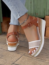olcso Nyári szandálok-női houndstooth espadrille ékszandál bokapánttal – hétköznapi nyári platformszandál nyaraláshoz és mindennapi viselethez