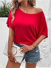 abordables T-shirt uni-T- shirt pour femmes Couleur Unie Basique Décontractée Manches 3/4 Col Ronde Hauts Quotidiens Noir Rouge Abricot Gris Été Printemps