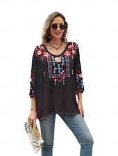 billige Boho topper-Dame Boho skjorte Helfarge Blomstret Bohem Daglig Luksuriøs 3/4 ermer 3/4-ermer Crew-hals Vanlige topper Arbeid Daglig Ut på byen Broderi Svart Gul Rose Rosa Sommer