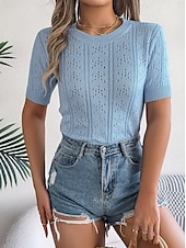 abordables Hauts en dentelle-Femme Pull en maille torsadée Pullover Le style mignon du quotidien mode Couleur unie A côtes Col Ras du Cou Ouvert Tricoté Manches à volants Manches courtes Hauts réguliers Tricoter Intérieur Soirée