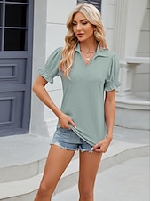 cheap Lace Tops-Women&#039;s Boho T-shirt Plain Bohemia Cute Stylish Short Sleeve Puff Sleeve V Neck Shirt Collar Regular Tops Daily Going out Weekend Ruffle Eyelet Sage Green Black White Pink Wine Summer