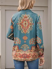 cheap Boho Tops-Women&#039;s Shirt Paisley Casual Long Sleeve Shirt Collar Regular Tops Work Daily Buttons Print Blue Green Spring Fall Winter