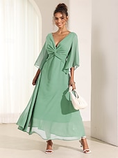 economico Abiti da festa-abito da cocktail per invitati a nozze da donna in chiffon tinta unita con volant intrecciato elegante abito lungo estivo scollo a V svasato manica a 3/4