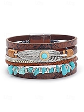 baratos Pulseira Feminina-Pulseira magnética de couro boho e turquesa - design ajustável em várias camadas com penas e pedras preciosas, perfeita para estilos casuais, de verão e festivais