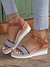 olcso Nyári szandálok-női houndstooth espadrille ékszandál bokapánttal – hétköznapi nyári platformszandál nyaraláshoz és mindennapi viselethez