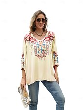 billige Boho topper-Dame Boho skjorte Helfarge Blomstret Bohem Daglig Luksuriøs 3/4 ermer 3/4-ermer Crew-hals Vanlige topper Arbeid Daglig Ut på byen Broderi Svart Gul Rose Rosa Sommer