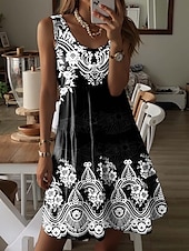 tanie Sukienki boho-Damskie Sukienka mini Czarna sukienka Zabytkowa sukienka Sukienka paisley Codzienne sukienki Elegancja Bohema Urlop Urlop Codzienny Święto Regularny Graficzny Artystyczny Etnické Bez rękawów Półgolf