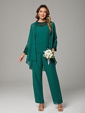 cheap Mom&#039;s Pant Suits-Jumpsuit / Pantsuit Mother of the Bride  Wrap Included Jewel Neck Floor Length Chiffon Lace 3/4 Length Sleeve with Beading