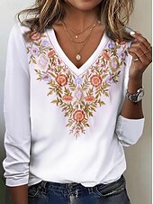 billige Boho t-skjorte-Dame T skjorte Blomstret Elegant Årgang Langermet Crew-hals Vanlige topper Daglig Trykt mønster Perle Vår Høst
