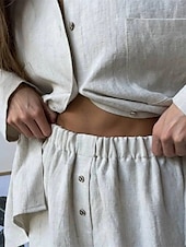 ieftine Seturi-Pentru femei Modă Șic Stradă Cămașă Seturi inspirate de in Seturi din două piese Pantaloni scurți de plajă Pantaloni scurți largi Manșon Lung Guler Cămașă Culoare solidă Cordon Vacanță Purtare Zilnică