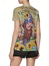 billige Kunst &amp; Design t-skjorte-Dame T skjorte Sommertopper Grafisk Solsikke Klassisk Fritid Kortermet Crew-hals Crop Tops Daglig Helg Trykt mønster Regnbue Sommer Vår Høst