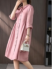 cheap Work Dresses-Women&#039;s Midi Dress Casual Dress Cotton Linen Dress A Line Dress Basic Casual Vacation Daily Regular Fit Plain 3/4 Length Sleeve Shirt Collar Pink Green Summer Spring Fall