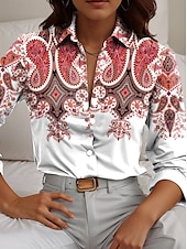 cheap Boho Tops-Women&#039;s Shirt Paisley Casual Long Sleeve Shirt Collar Regular Tops Work Daily Buttons Print Red Blue Orange Spring Fall Winter