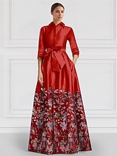 cheap GREEN-Green Floral Embroidered A-Line Satin Evening Gown Elegant Dress Formal Wedding Floor Length Half Sleeve Shirt Collar