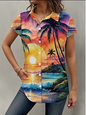 billiga Kvinnors semester toppar-Dam skjorta bladträd Hawaiian tropisk strand kort ärm skjortkrage vanlig toppar knappar tryck regnbåge sommar