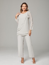 economico Tailleur pantalone della mamma-Tuta a Due Pezzi  Completo da Pantaloni per Madre della Sposa Elegante Taglia Plus Collo a Giada Lunghezza Completa Chiffon Maniche Lunghe con Fiocco(i) Ruches