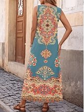 tanie Sukienki boho-Damskie Sukienka maxi Codzienne sukienki Mini sukienka Sukienka letnia Letnie sukienki Codzienny Urlop Codzienny Święto Regularny Boho Paisley Damask Bez rękawów Półgolf Pomarańczowy Lato