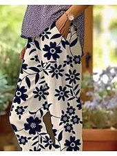 billiga Raka byxor-Dam bomullslinne byxor Baggy byxor Linne-liknande Mode Streetwear Hela längden Hög midja Blomster grafiskt tryck Termisk Varm Andningsbar Mjuk Mikroleastisk Utomhus Daglig