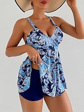 billiga Badessor-Dam Badkläder Tankini 2 st Pojkeben Baddräkt Öppen rygg Hög midja Semester Standkläder Paisley V-hals Ärmlös Baddräkter