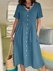 economico Vestiti-Per donna Abito Midi Abiti in cotone e lino Vestito Casual Essenziale Casual Vacanza Quotidiano Vestibilità regolare Semplice Manica Lunga Scollo a V Azzurro cielo Viola Verde Estate