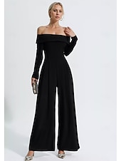 economico Tute della mamma-Tute Madre della Sposa Elegante Fuori Spalla Lunghezza Completa Tessuto Stretch Maniche Lunghe con Pizzo Colore Solido 2025