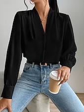 billige Kvinne Enkle Topper-Dame Skjorte Bluse Helfarge Stilfull Fritid Langermet V-hals Vanlige topper Daglig Knapper Lomme Svart Hvit Gul Blå Grønn Sommer Vår