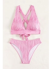 billiga Bikiniset-Dam Badkläder Bikini 2 st Kaxig Baddräkt Öppen rygg Smal Semester Standkläder Ensfärgat V-hals Ärmlös Baddräkter