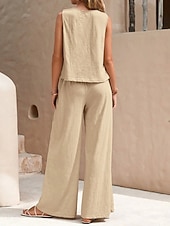 cheap Sets-Women's Shirt Linen-feel Set Two Piece Sets Wide Leg Pants Sleeveless Crew Neck Plain Fashion Streetwear Daily Casual Daily Black Yellow Army Green Summer Regular Fit