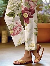 baratos Calças de perna reta-Calças de Algodão e Linho Femininas Calças Largas Estilo Linho Moda Estilo de Rua Comprimento Total Cintura Alta Estampas Gráficas Florais Térmicas Quentes Respirável Macio Microelástico Para o Dia a