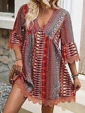 tanie Sukienki boho-Damskie Sukienka mini Codzienne sukienki Sukienka Boho Elegancki Codzienny Urlop Codzienny Regularny Graficzny Geometryczny Rękaw 3/4 W serek Rumiany róż Czerwony Niebieski Lato