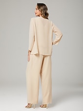 abordables Longueur du plancher-Combinaison  pantalon 3 pièces robe de la mère de la mariée invité de mariage formel élégante encolure en V longue jusqu&#039;au sol robe en chiffon avec dentelle manches longues blazer avec appliqués